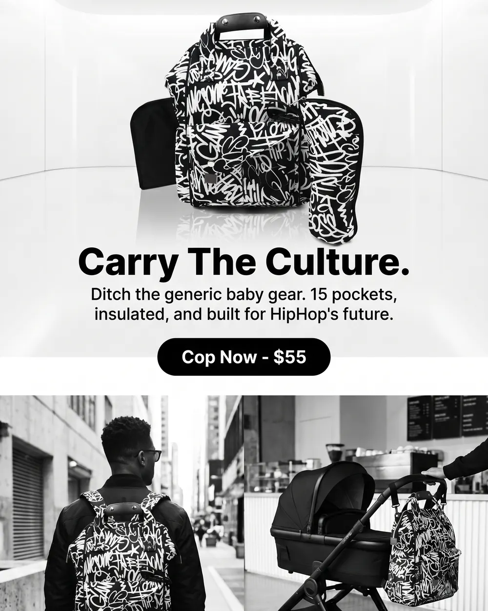Instagram post: the bag in studio with its changing pad and insulated bottle sleeve. Carry the culture, $55.