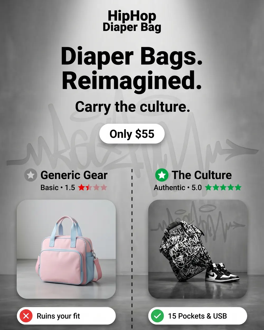 Instagram post: Diaper Bags. Reimagined. The bag set against generic baby gear, $55.